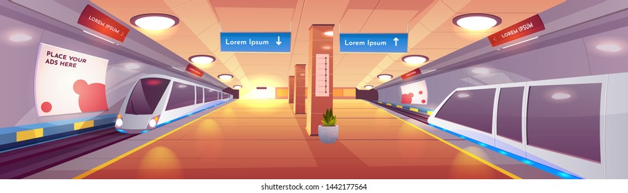 City Rapid Transit System, Modern Railway Underground Station Cartoon Vector Interior With Subway, High-speed Passenger Trains On Rails, Empty Platform With Lines Map, Advertising Banners Illustration