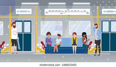 City Rapid Transit System Passengers Flat Vector Concept with Happy People Multinational Characters, Standing, Holding for Handrail, Sitting on Seats in Comfortable Subway Train Wagon Illustration