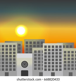 City in the rays of the setting sun. Skyscrapers and a tower with an arch and watch. Urban vector landscape can be used in newsletter, brochures, postcards, banner