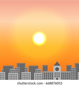 City in the rays of the setting sun. Urban vector landscape can be used in newsletter, brochures, postcards, banner. 