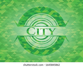 City realistic green emblem. Mosaic background. Vector Illustration. Detailed.