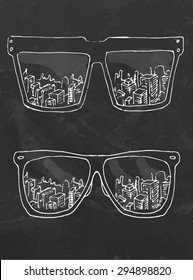 City reflect in sunglass. Chalk drawing on blackboard. Vector illustration.