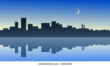 City Reflection with the crescent moon rising over the silhouette of the city.