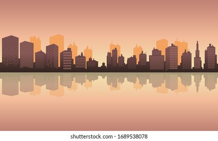 City reflection with tall building with reflection on lake