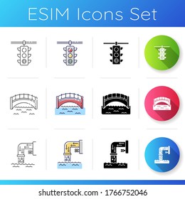 City regulation icons set  Traffic lights to control transportation  Bridge over water  Drainage system  Waste water  Linear  black   RGB color styles  Isolated vector illustrations