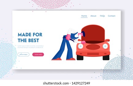 City Repair Service. Website Landing Page, Mechanic in Blue Overall Stand near Broken Car with Open Hood Holding Wrench Checking and Maintenance Car, Web Page. Cartoon Flat Vector Illustration, Banner