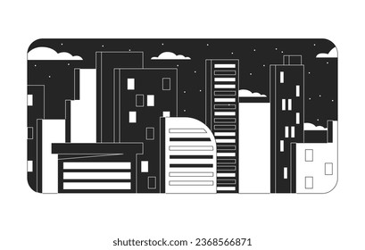 City residential buildings black and white chill lo fi background. Skyscraper. Starry night linear 2D vector cartoon cityscape illustration, monochromatic lofi wallpaper desktop. Bw 90s retro art