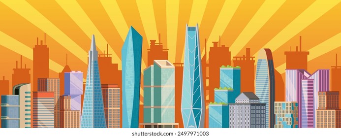 City retro background. Downtown buildings. Business architecture. Striped sunset sky. Sun rays. Urban landscape. Office houses. Night cityscape. Modern skyscrapers. Vector art abstract town scenery