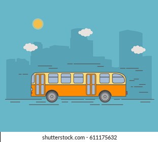 City retro passenger bus. Urban a landscape with skyscrapers. Public transport. The vehicle with the internal combustion engine. In flat style a linear art a vector.