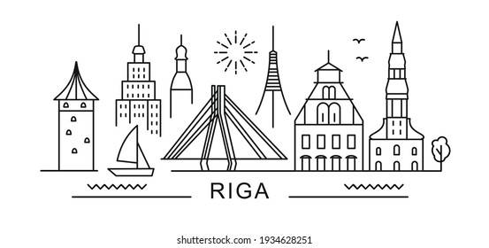 city of Riga in outline style on white. Landmarks sign with inscription.