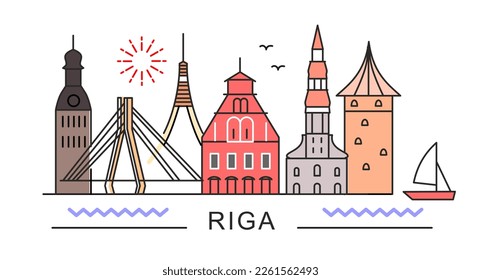 city of Riga in outline style on white. Landmarks sign with inscription.