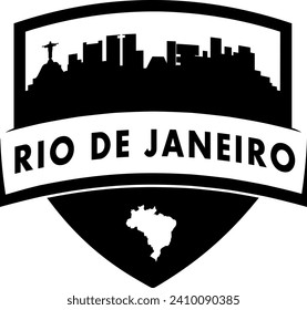 City of Rio De Janeiro Brazil black and white shield style city buildings silhouette shield graphic with knockout white outline of the state border shape under name. Vector eps design. 