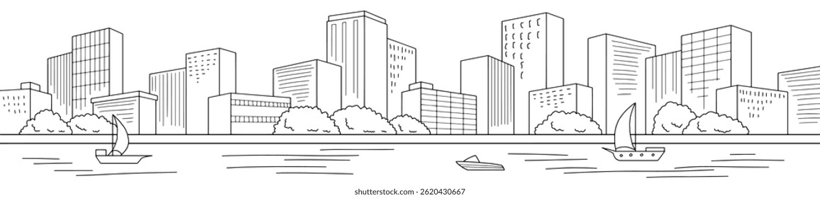 City river graphic black white cityscape skyline sketch long illustration vector 