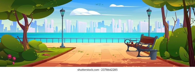 City river promenade with bench in summer park. Vector cartoon illustration of public garden with flowers, green lawn, trees, lanterns and waste bin, modern cityscape on horizon, birds flying in sky