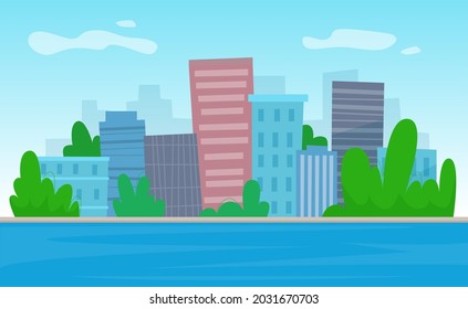 City river with skyscrapers background. Flat style illustration.