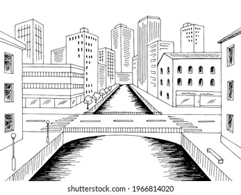 City river street bridge graphic black white sketch illustration vector 