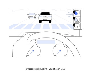 City road abstract concept vector illustration. Man drives a car stopping at the red light, ground transportation, personal transport owner, city road panorama, traffic lights abstract metaphor.