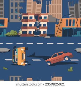 City Road After An Earthquake. Cracked Asphalt, Debris Strewn About, Broken Cars, Buildings Leaning Perilously