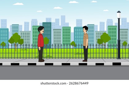 Vector de fondo de la carretera de la ciudad, Vector de personajes laterales de hombre de dibujos animados, personaje de hombre indio con diseño de fondo