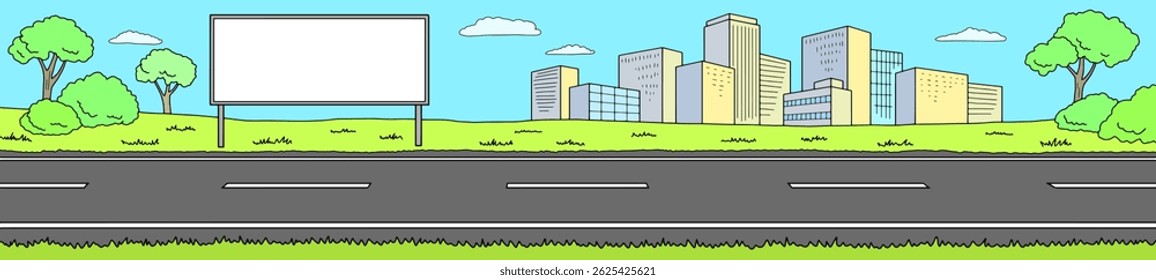 City road billboard graphic color street landscape sketch long illustration vector