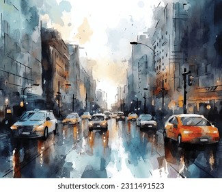 City road with car and building watercolor painting vector art.