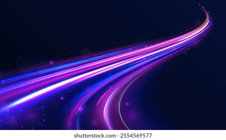 City road car light trails motion background. Electric car and city concept Hitech communication concept innovation background. Expressway, car headlight effect. Speed connection vector background.