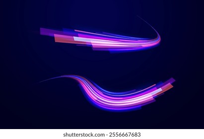 City road car light trails motion background. Electric car and city concept Hitech communication concept innovation background. Expressway, car headlight effect. Speed connection vector background.