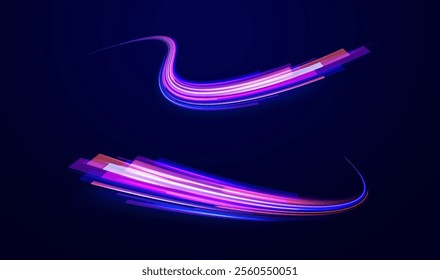 City road car light trails motion background. Electric car and city concept Hitech communication concept innovation background. Expressway, car headlight effect. Speed connection vector background.