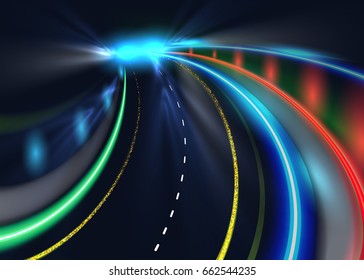 City road car light trails. High speed vector background. Illumination of road with speed car motion illustration.