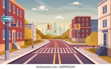City road concept. Town infrastructure, traffic light at crossroads. Beautiful urban panorama and landscape. Crosswalk for pedestrians, houses and park. Cartoon flat vector illustration