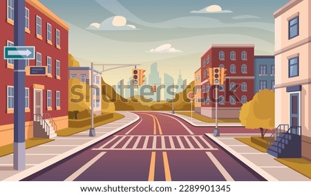 City road concept. Town infrastructure, traffic light at crossroads. Beautiful urban panorama and landscape. Crosswalk for pedestrians, houses and park. Cartoon flat vector illustration