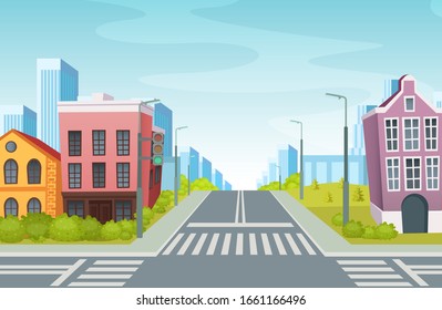 City road with crossroads traffic lights. Urban landscape with empty urban street traffic road, sidewalk, crosswalk, business centers building, trees. City highway vector illustration