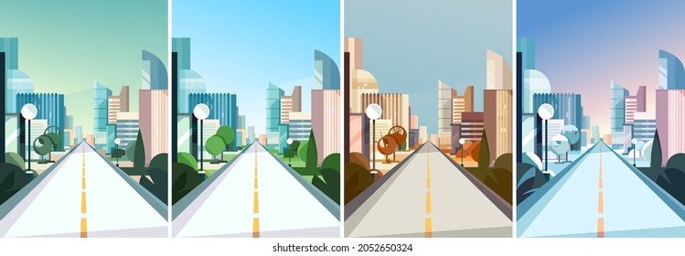 City road at different times of the year. Cityscapes in vertical orientation.