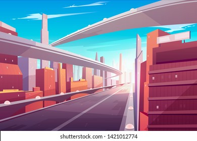 City Road, Empty Streetscape Freeway, Speed Two-lane Highway, Overpass Or Bridge In Modern Megapolis. Transport Network Infrastructure With Urban Skyscrapers In Day Time. Cartoon Vector Illustration