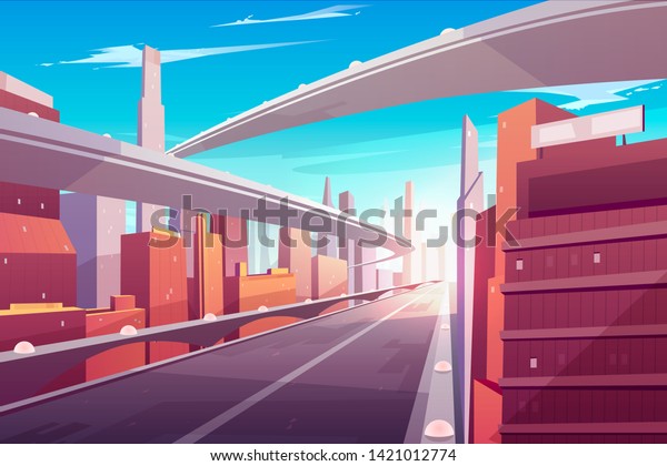 City road, empty streetscape freeway, speed\
two-lane highway, overpass or bridge in modern megapolis. Transport\
network infrastructure with urban skyscrapers in day time. Cartoon\
vector illustration