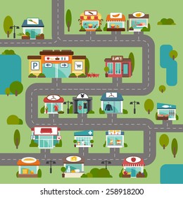 City road with food grocery commercial stores and shops flat background vector illustration