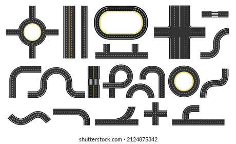 City road and highway top view, elements for map. Crossroads, motorway bend, twists and traffic circles. Street roads plan kit vector set. Road parts street traffic, plan elements illustration