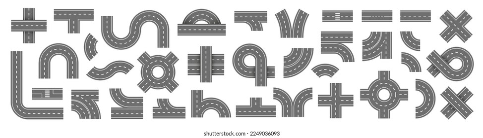 City road and highway top view. Street and road with footpaths and crossroads. Highway top view. Circle and curve roadway parts. Track asphalt junction. Automobile traffic. Vector illustration