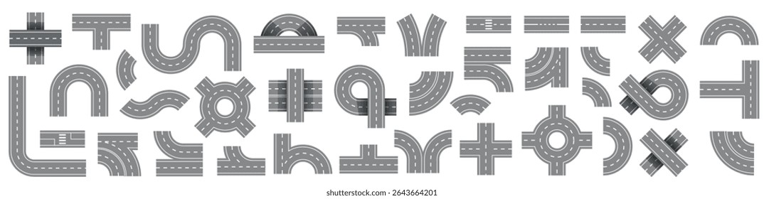 City road and highway top view. Street and road with footpaths and crossroads. Highway top view. Circle and curve roadway parts. Track asphalt junction. Automobile traffic. Vector illustration