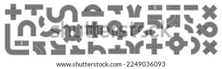 City road and highway top view. Street and road with footpaths and crossroads. Highway top view. Circle and curve roadway parts. Track asphalt junction. Automobile traffic. Vector illustration