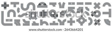 City road and highway top view. Street and road with footpaths and crossroads. Highway top view. Circle and curve roadway parts. Track asphalt junction. Automobile traffic. Vector illustration
