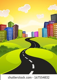 City Road/ Illustration of a cartoon city road driving downtown in spring or summer season, with fields, bush and meadows and shiny sky