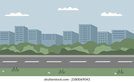 City road landscape. City buildings. Apartment building. Business district buildings. Children book background. Downtown cartoon. City view. Suburb landscape.