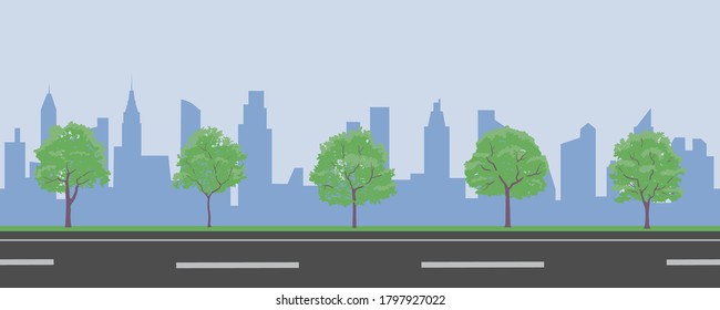 City road seamless background with tree and skyscraper