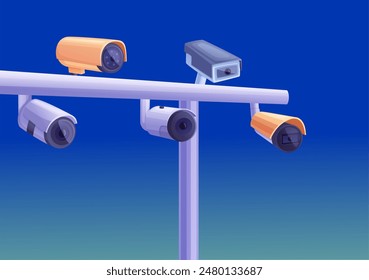 City road security. Enforcement cameras on highway. Cctv, police radar on urban modern roads. Monitoring systems, urban safety control vector scene