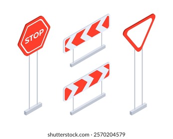 City road signs. Isometric urban city parking and dead end signs, traffic signposts and street road signs 3d vector illustration set. Urban road signs