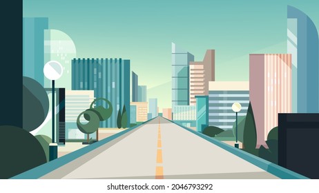 City road in spring season. Cityscape in flat style.