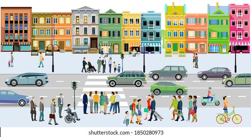 City with road traffic, apartment buildings and pedestrians on the sidewalk, illustration