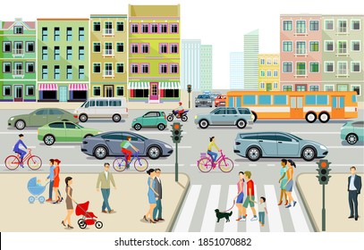 City with road traffic, apartment buildings and pedestrians on the sidewalk