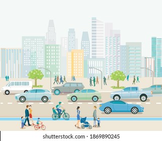 City Road Traffic Apartment Buildings Pedestrians Stock Vector (Royalty ...